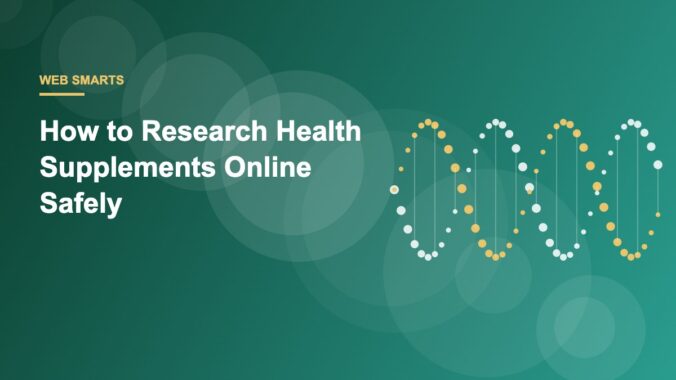 Magnifying glass over a supplement capsule and a laptop screen showing research notes