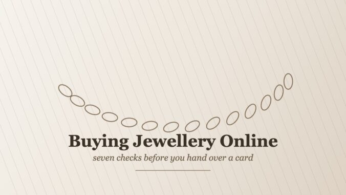 Line drawing of an arc of silver chain links above the words Buying Jewellery Online, illustrating a checklist for vetting an online jewellery store